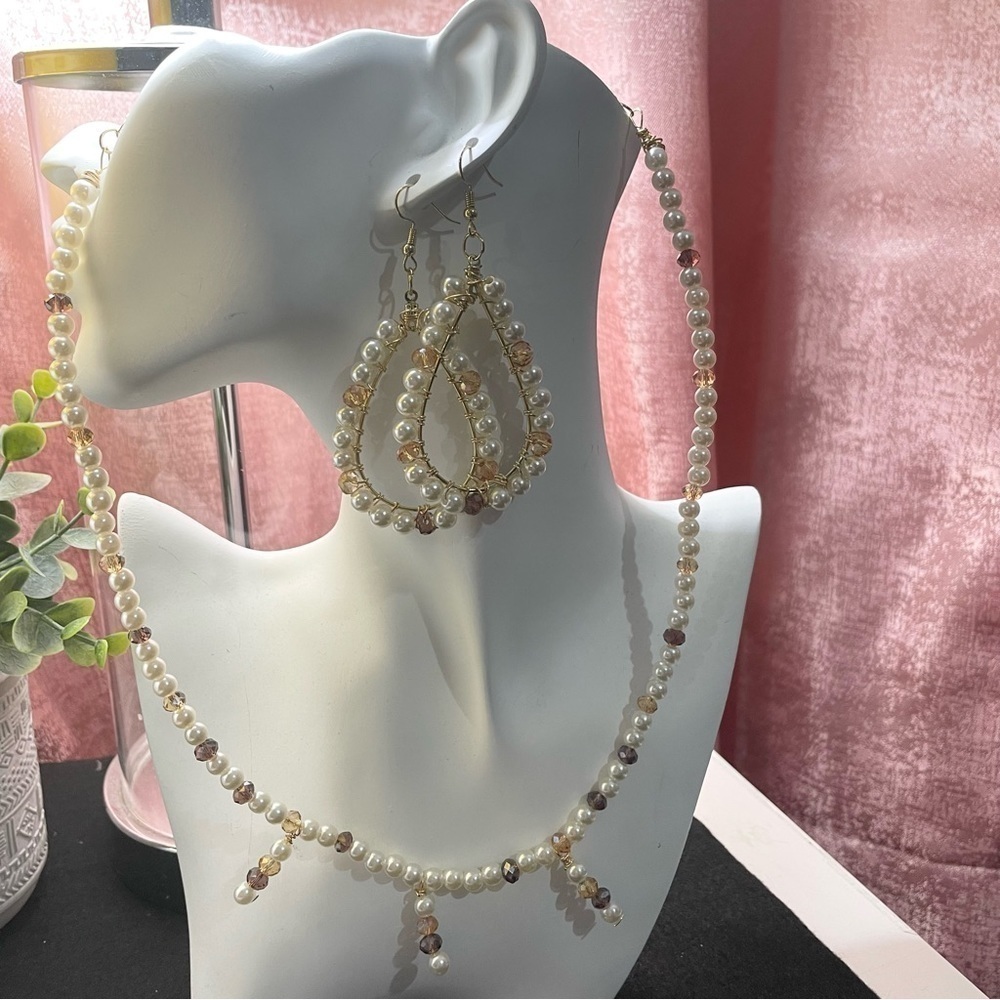 Pearl Necklace and Drop Earring Jewelry Set with Purple and Apricot Color Beads